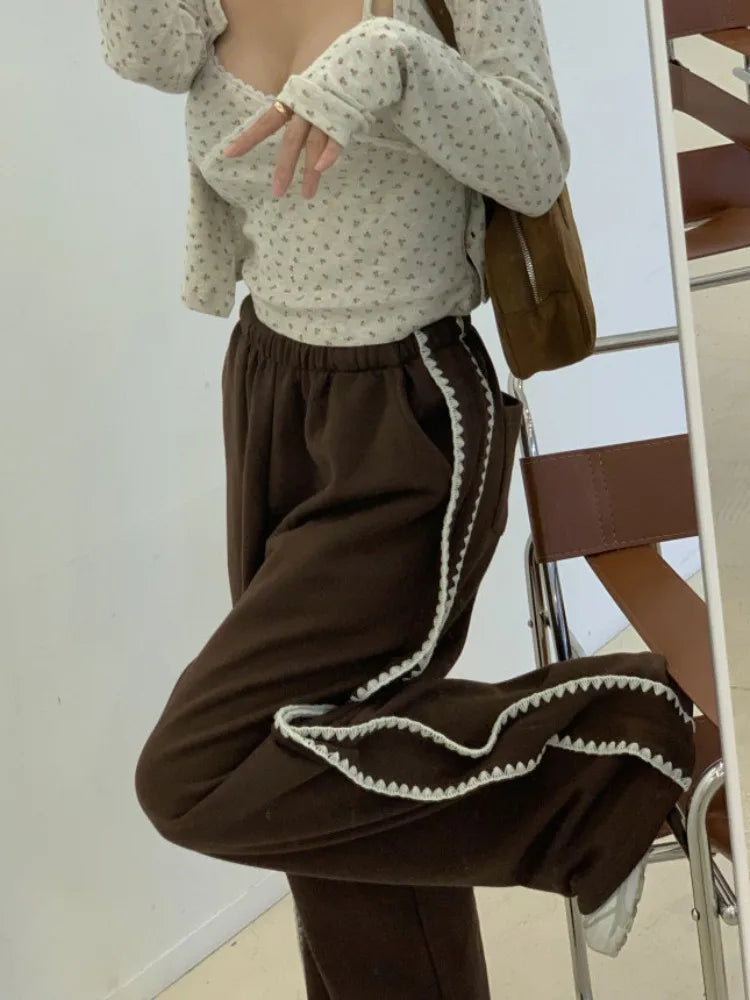 Chic Autumn Winter Loose Casual Pants – Color Block Side Stripe Floral Women Sweatpants Long Trousers