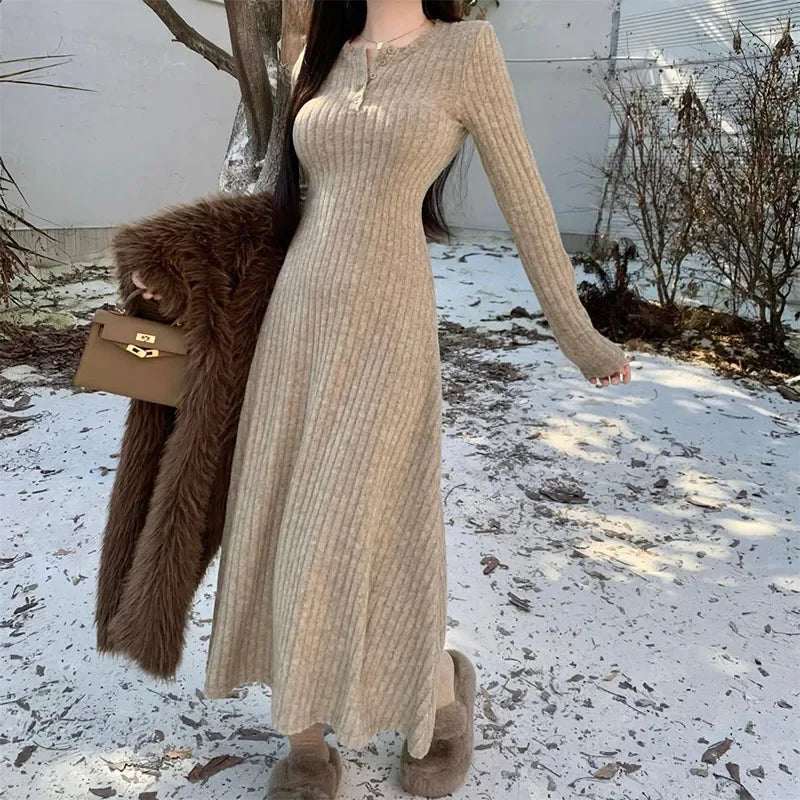 SMVP Elegant Slim High Waist Knit Dress for Women – Autumn Winter Long Sleeve Warm Vintage Long Dress | Streetwear Vestidos