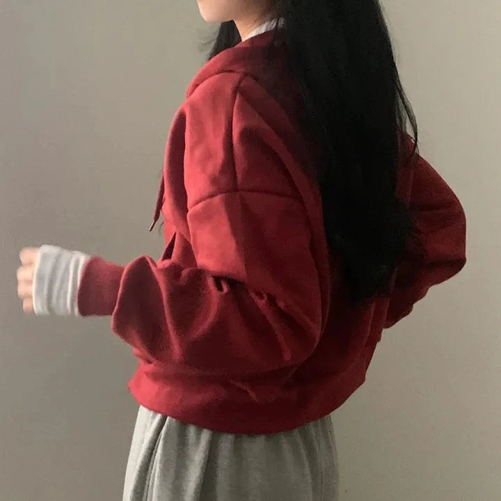 Chic Early Autumn Casual Long Sleeve Hoodie – Double Zipper Loose Versatile Cotton Pullover | Pure Color Commute Wear