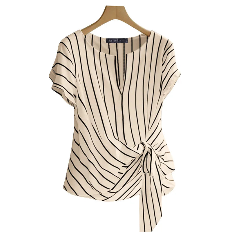 Fashion Stripe Blouse 2025 ZANZEA Women’s V-Neck Short Sleeve Summer Top – Elegant OL Work Shirt 👚✨