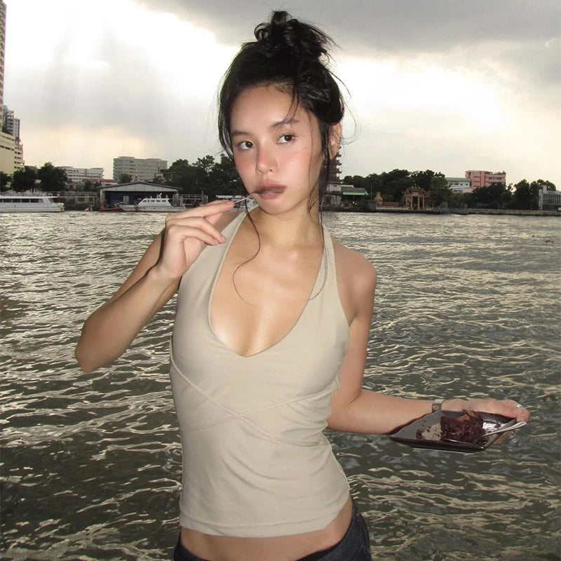 Candyhot Korean Backless Tank Top | Women’s Sexy Sleeveless Halter Camis | Slim Fit Summer Streetwear Vest