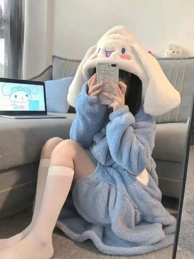 Kawaii Sanrio Hello Kitty Velvet Pajamas Set | Cute Cartoon Nightgown & Bathrobe | Girls & Couples Soft Home Wear