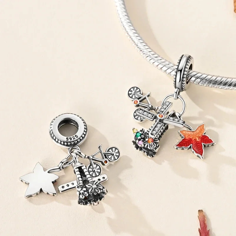 925 Sterling Silver Golden Autumn Charms | Maple Leaf & Pumpkin Beads Fit Original Bracelet DIY Jewelry Gift