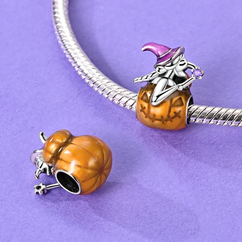 925 Sterling Silver Halloween Series Charms | Pumpkin, Witch, Skull & Candy Beads Fit Original Bracelet DIY Jewelry