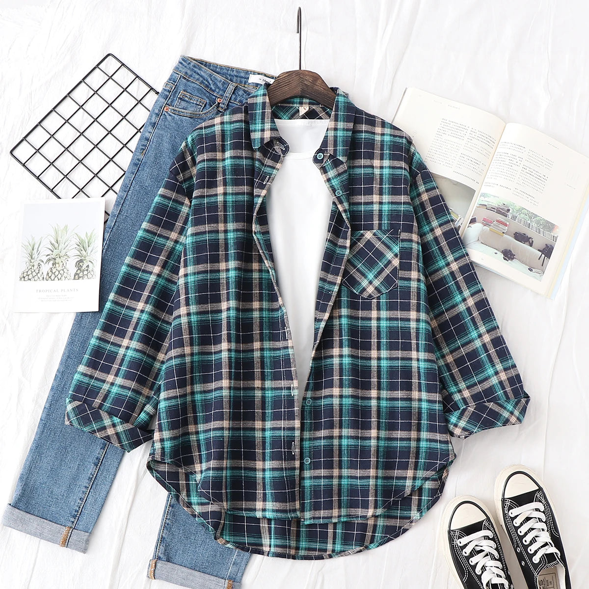 Women’s Plaid Shirt | Spring Autumn Long Sleeve Blouse | Casual Cotton Checkered Top
