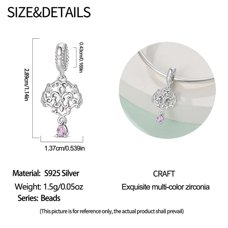 925 Silver Plated Magic Mirror Princess Angel Pink Charm Beads | Fits Original Pan 925 Bracelet | Exquisite DIY Jewelry