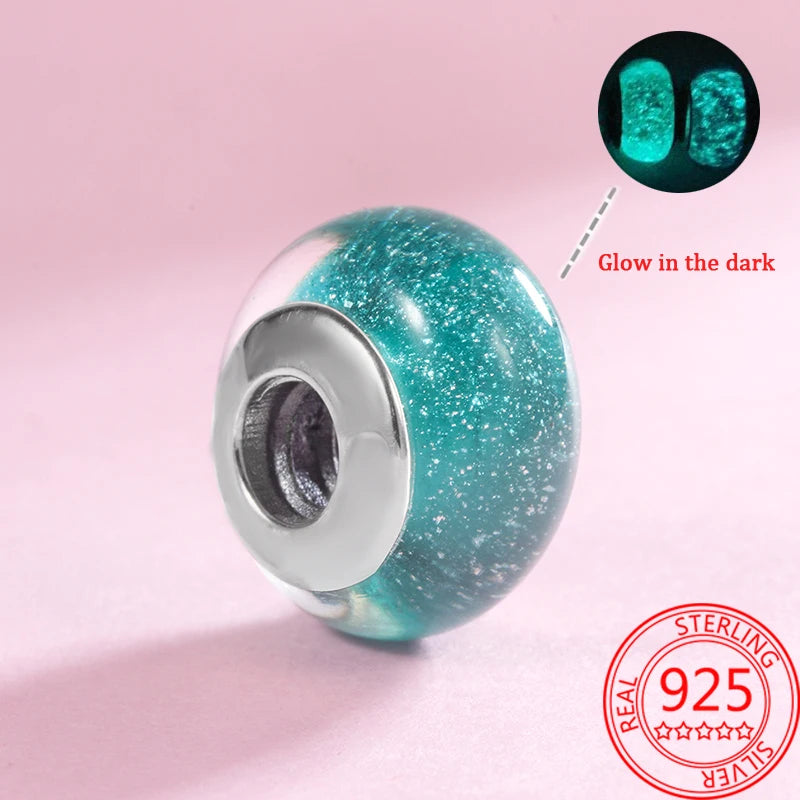 925 Sterling Silver Murano Glass Galaxy & Clover Heart Beads | Fit Pandora Bracelet DIY Jewelry Gift for Mum