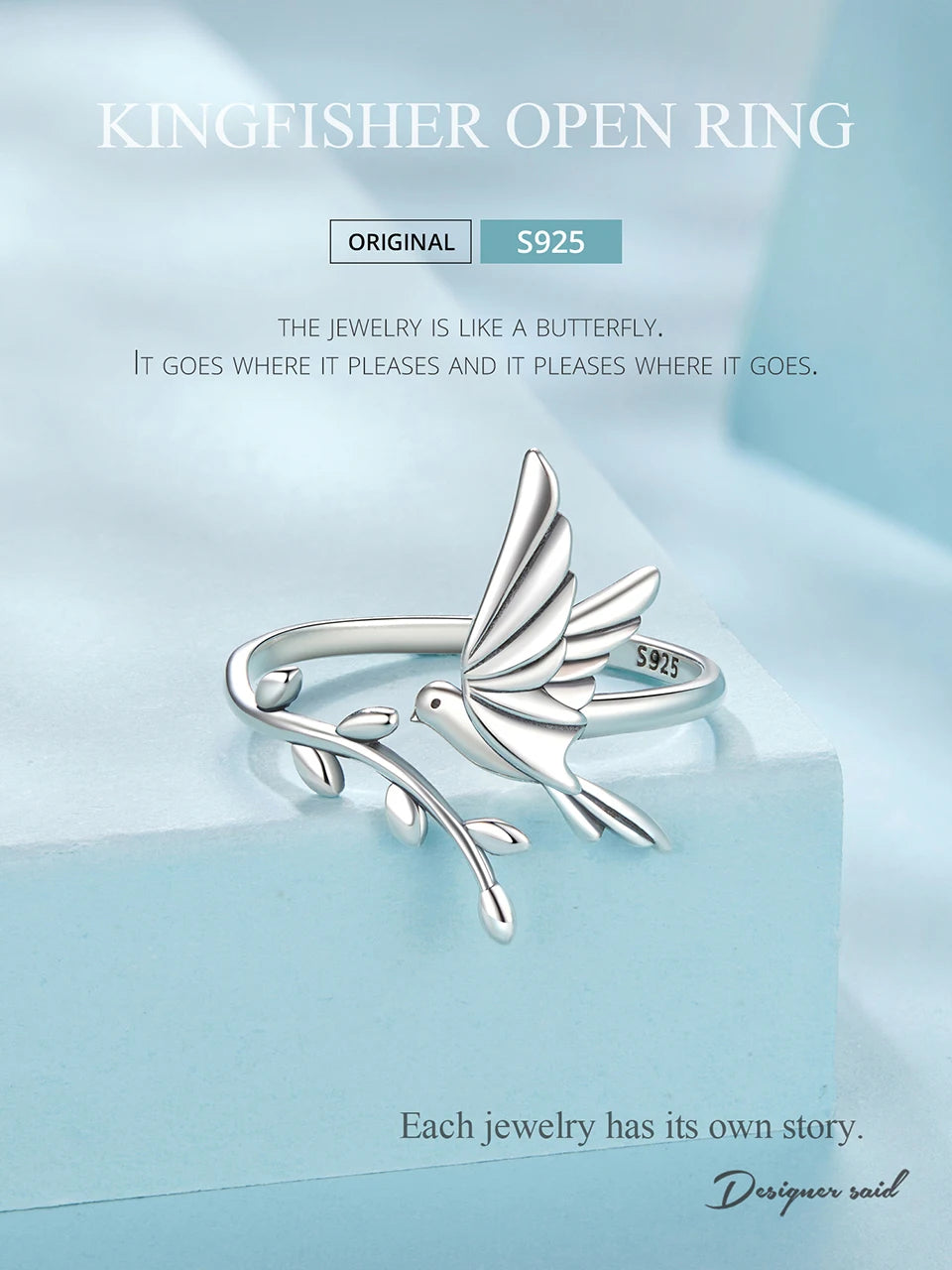 BISAER 925 Sterling Silver Floral Bird Open Ring | Adjustable White Gold Plated Flower Band for Women – Fine Party Jewelry