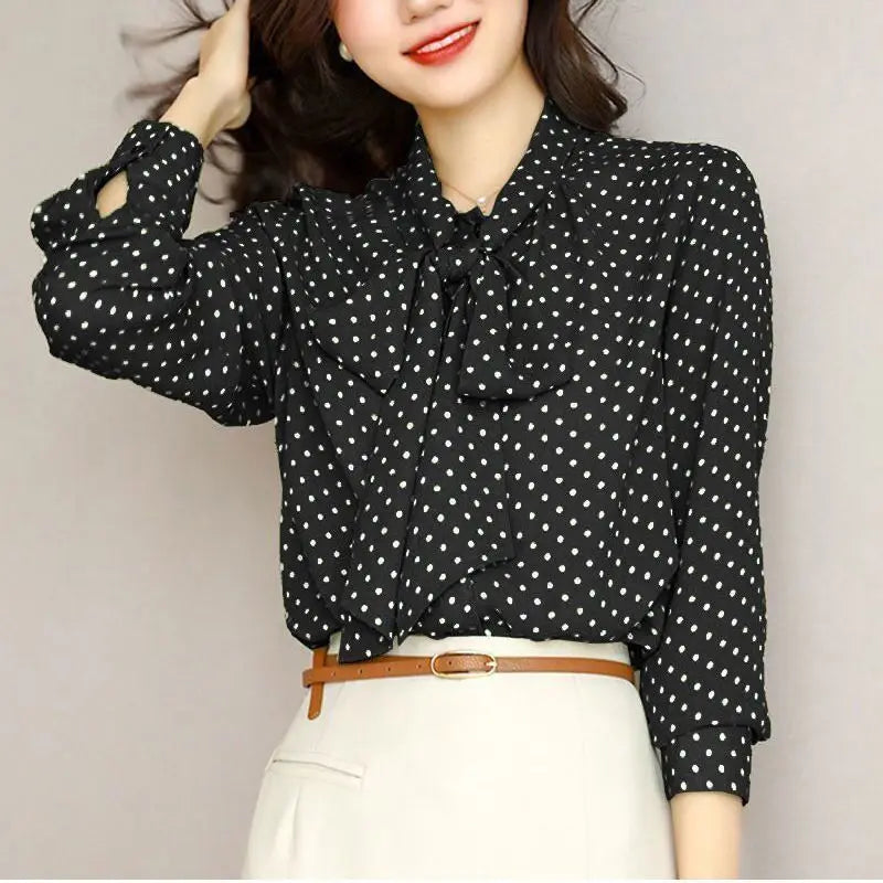 Spring Autumn Women’s Shawl Collar Long Sleeve Blouse – Bow Polka Dot Print Elegant Thin Shirt 🌸✨