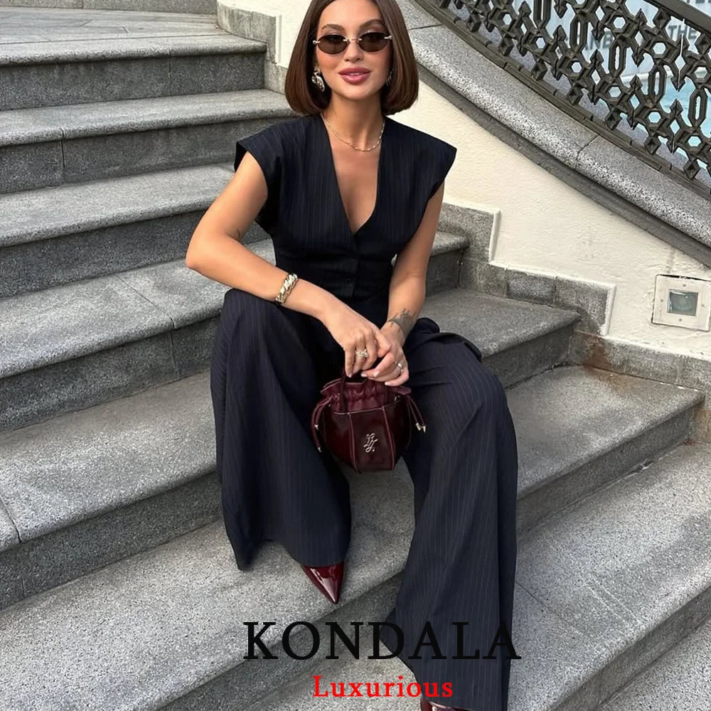 KONDALA Vintage Striped Print Women Suit – V-Neck Slim Vest + High Waist Wide-Leg Pants 2025 Autumn Office Set 🍂👩‍💼✨