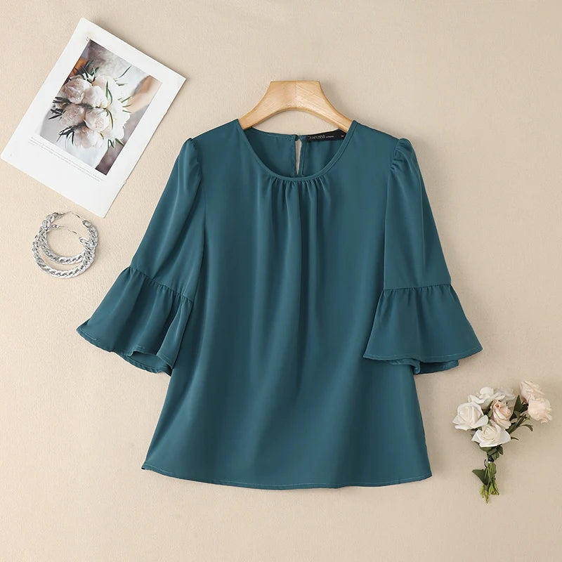 2025 ZANZEA Office Women Blouse – Elegant Solid O-Neck 3/4 Sleeve Summer Work Top 👚✨