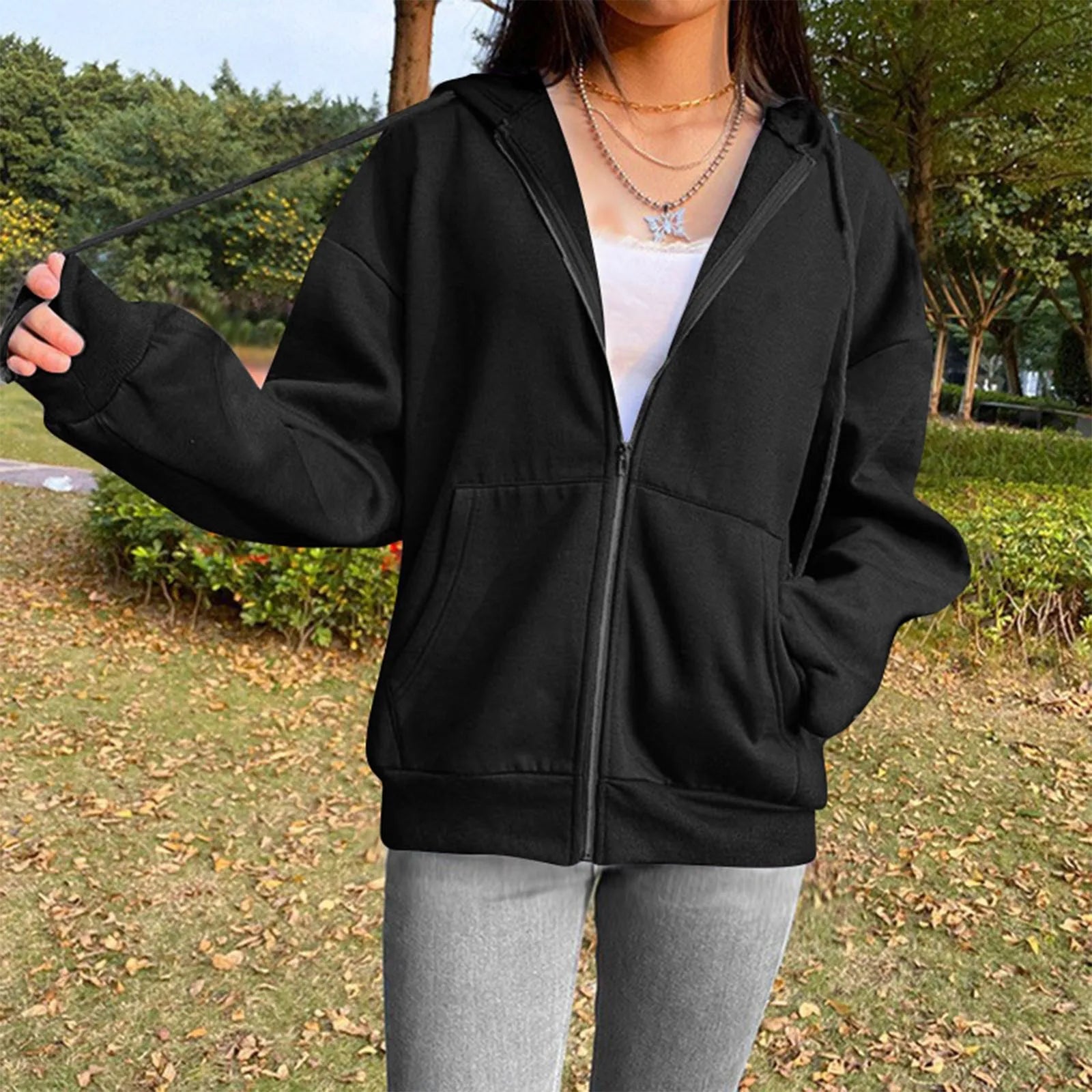Spring Autumn Women Solid Color Hooded Sweatshirt Coat | Zipper Pocket Hoodie Jacket | Casual Outerwear Femme
