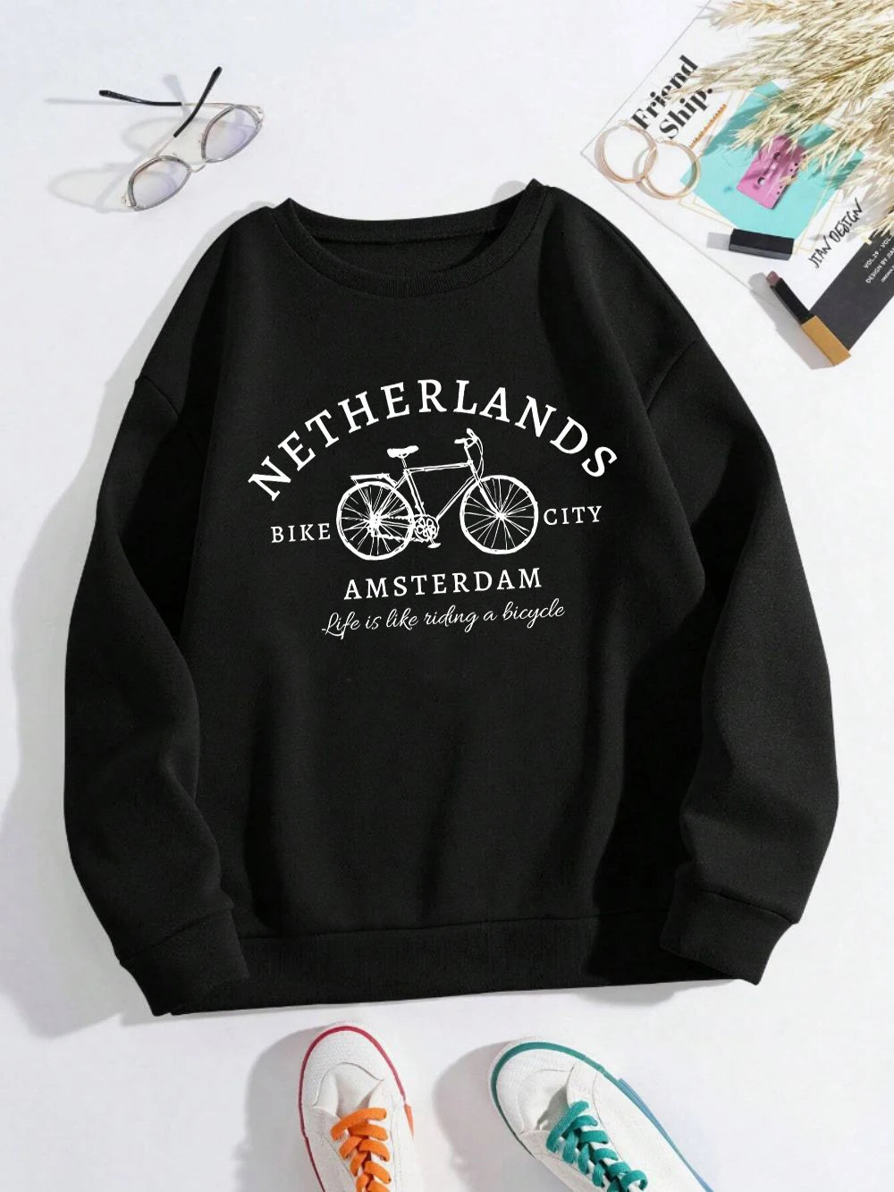 Netherlands Amsterdam Bike Design Pullover | Women’s Fleece Sweatshirt | Autumn Loose Crewneck Casual Top