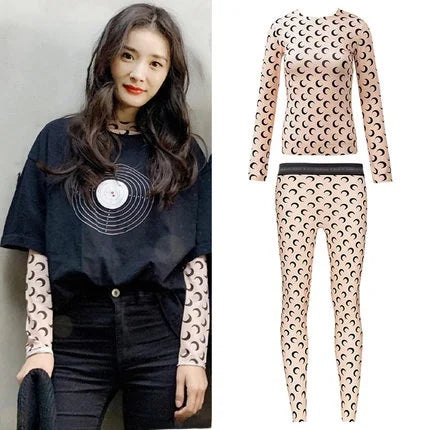American Retro Women’s Two-Piece Set – Ice Silk Top & Pants with Moon Print Long Sleeve 🌙✨