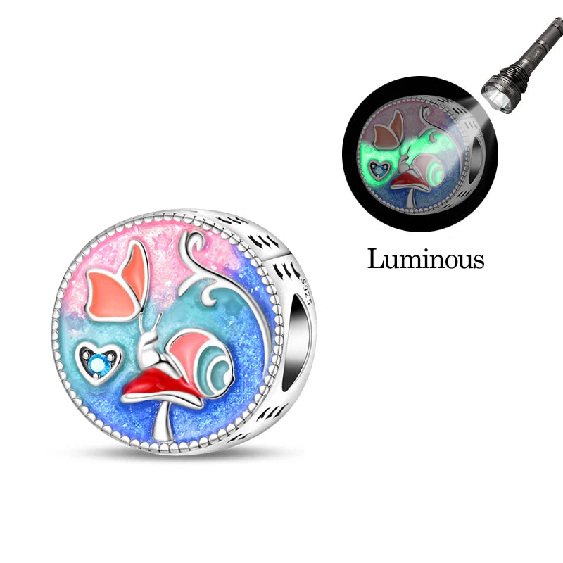 Original 925 Sterling Silver Luminous Lantern & Magic Cat Charm Bead | Glowing Angel Jungle Pendant for Bracelet Jewelry