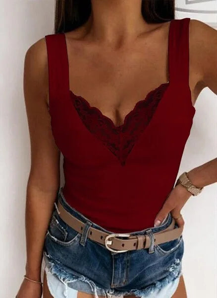 Women’s Summer V-Neck Tank Top | Casual Solid Color Lace Sleeveless Slim Shirt | Sexy Slim Fit Top