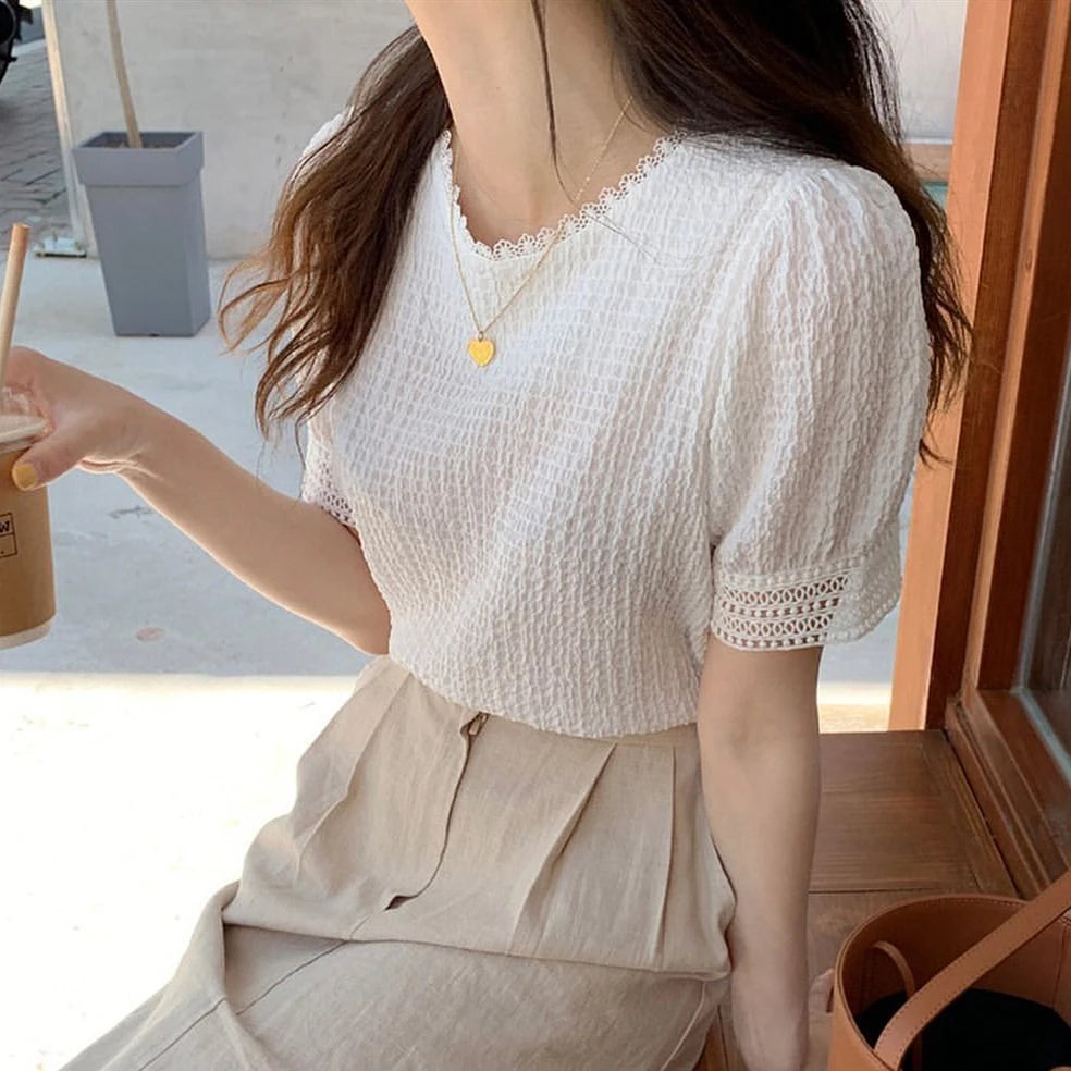 Elegant White Lace Hollow Out Blouse | Fairy-Style Bubble Sleeve Summer Top for Women