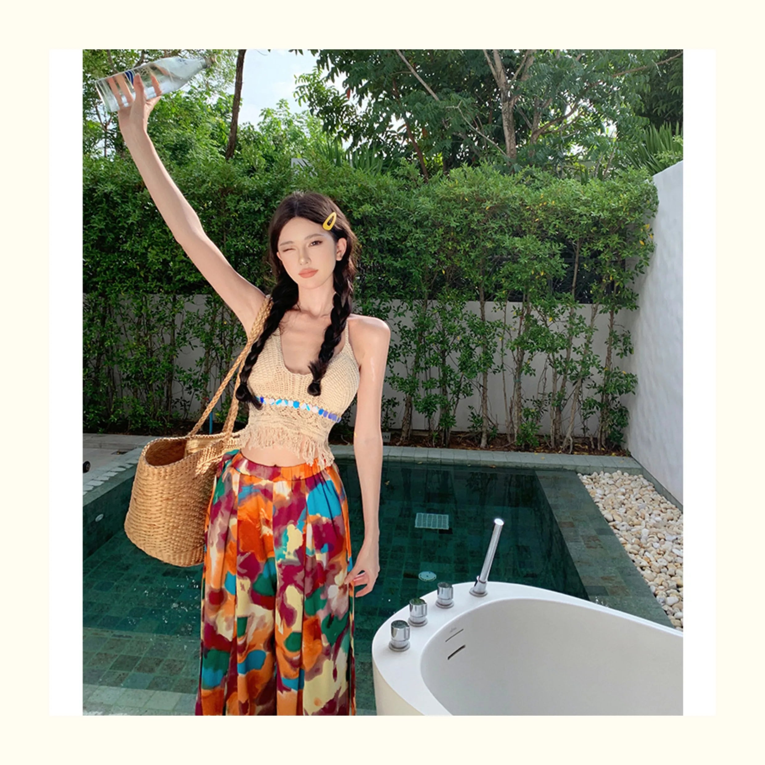 Vacation Style High Waist Wide Leg Pants – Thin Long Ethnic Print Pants for Beach & Holiday Wear