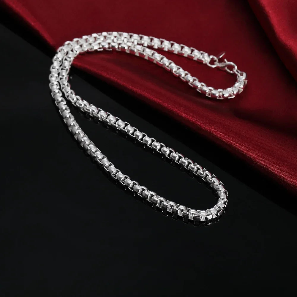 925 Sterling Silver 4mm Round Box Chain Necklace 45-60CM – Unisex Silver Jewelry for Men Women Boys Party & Christmas Gift