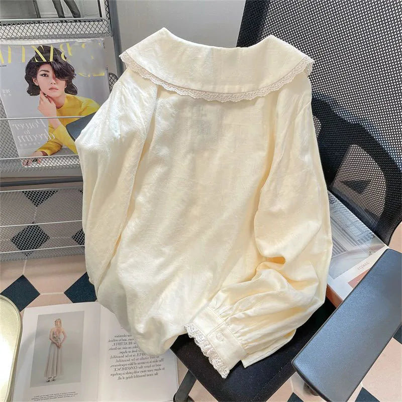 Japanese Style Peter Pan Collar Lace Blouse | Sweet Long Sleeve Loose Button Shirt for Women