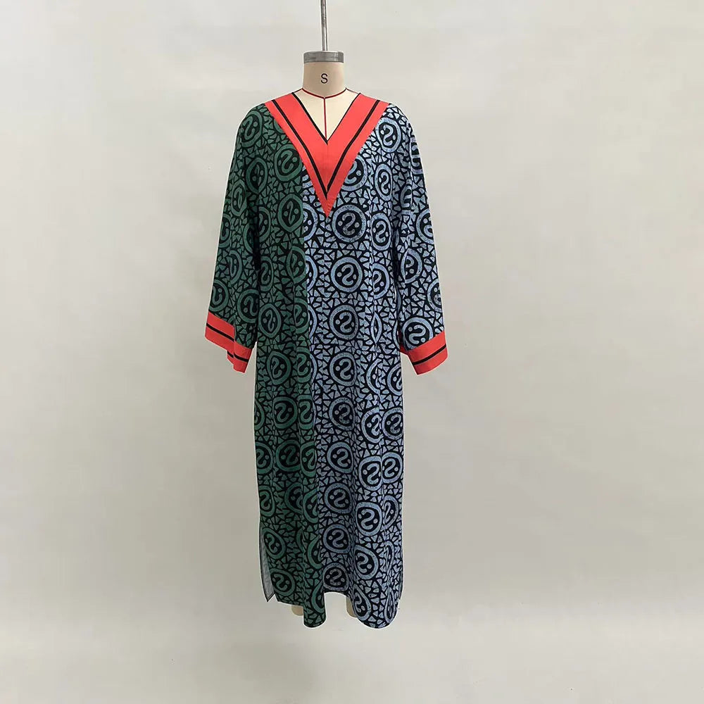 Elegant V-Neck Loose Maxi Dress for Women | 2025 Spring Summer Holiday Dress | Casual Patchwork Printed Dress