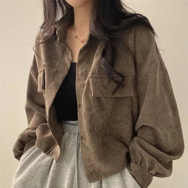 Black Corduroy Cardigan for Women | Korean Loose Fit Long Sleeve Jacket 2025