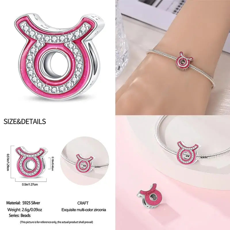 925 Sterling Silver Pink Zircon 12 Zodiac Signs Charms | Fit Original Pandora Bracelets DIY Jewelry Gift for Women