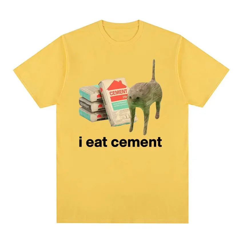 “I Eat Cement” Cursed Cat T-Shirt | Funny Meme Women’s Short Sleeve Casual Top