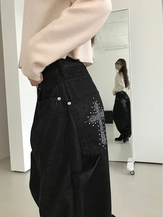 High Waist Wide-Leg Floor-Length Denim Jeans for Women – American Retro Casual Workwear Pants with Beaded Details