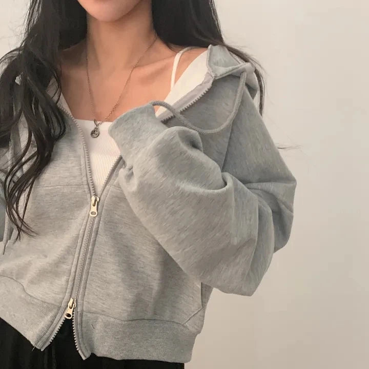 Chic Early Autumn Casual Long Sleeve Hoodie – Double Zipper Loose Versatile Cotton Pullover | Pure Color Commute Wear