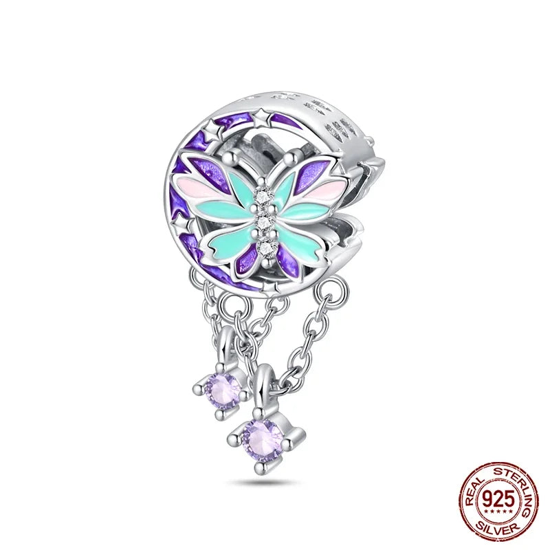 925 Sterling Silver Blue Series Charm | Dragonfly, Butterfly, Bird & Pansy Flower Pendant for 4MM Bracelet