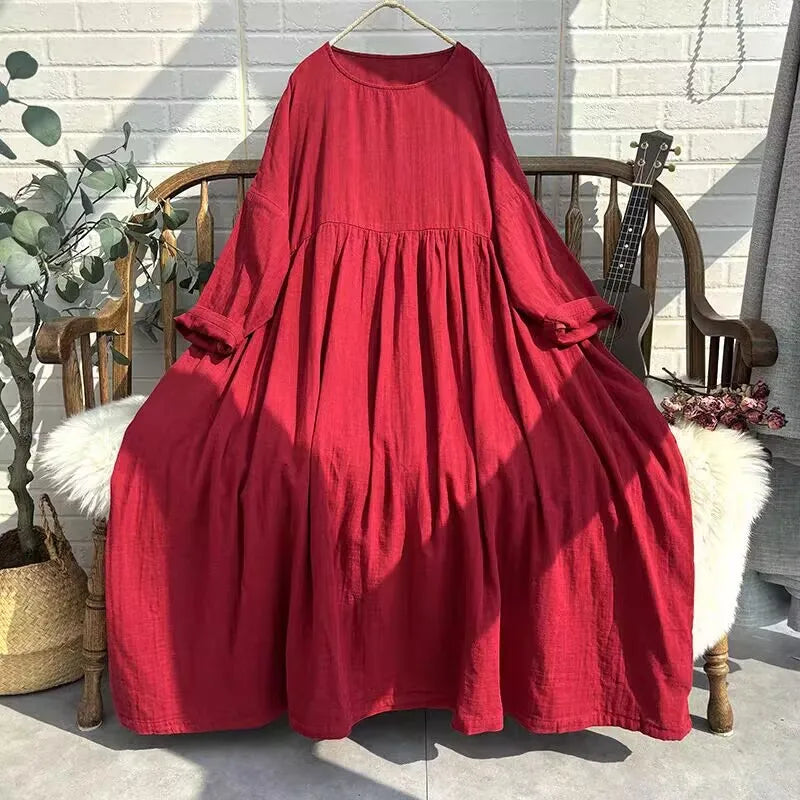 Artistic Vintage Plus Size Women's Long Dress – High Waist Loose A-Line Doll Dress, Ethnic Style Commuter Mid-Length Skirt