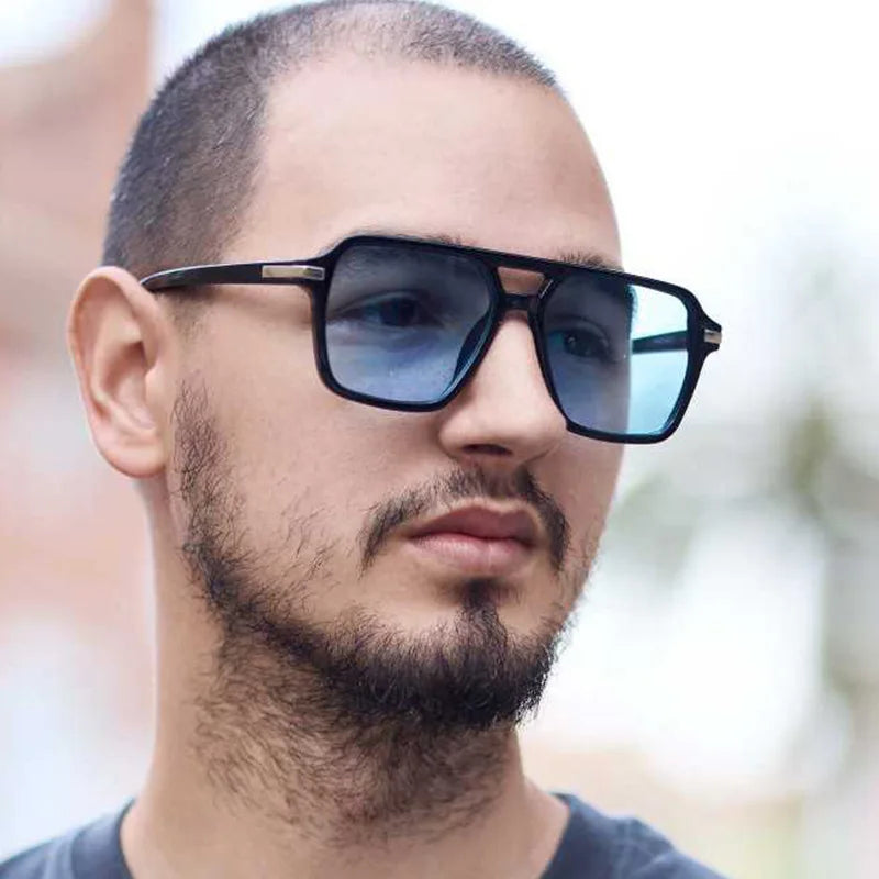 Retro Big Frame Square Sunglasses – Women & Men Double Beam One-Piece Designer Pilot Sun Glasses | Black Circular Cool Shades