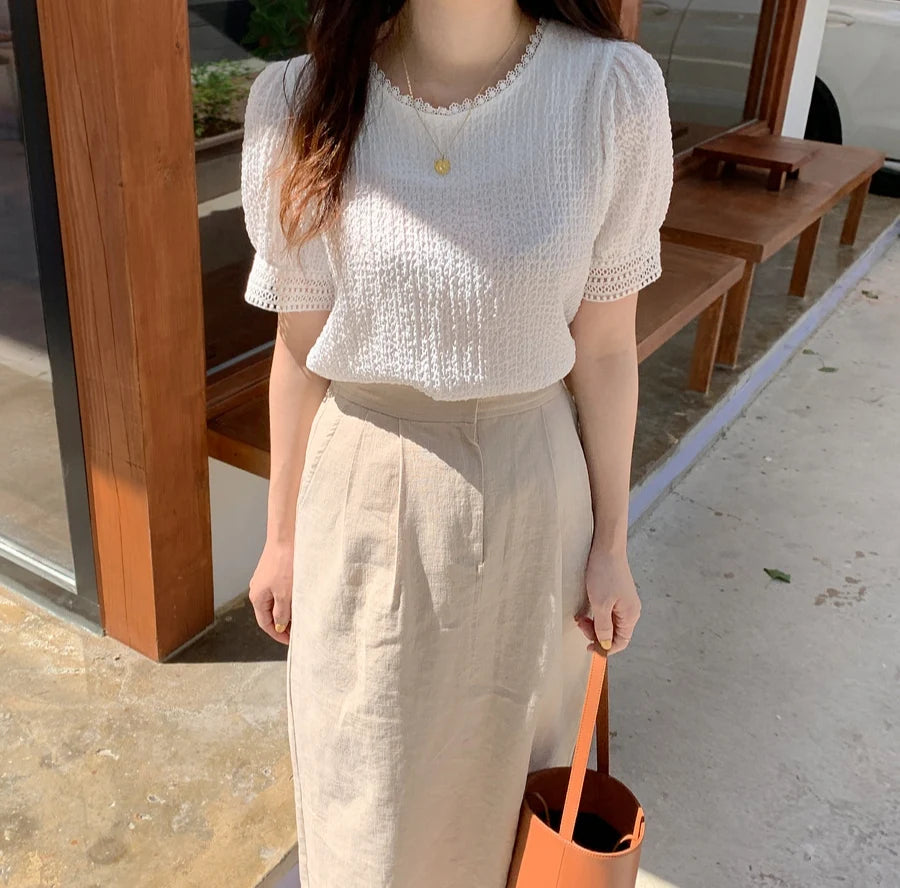 Elegant White Lace Hollow Out Blouse | Fairy-Style Bubble Sleeve Summer Top for Women