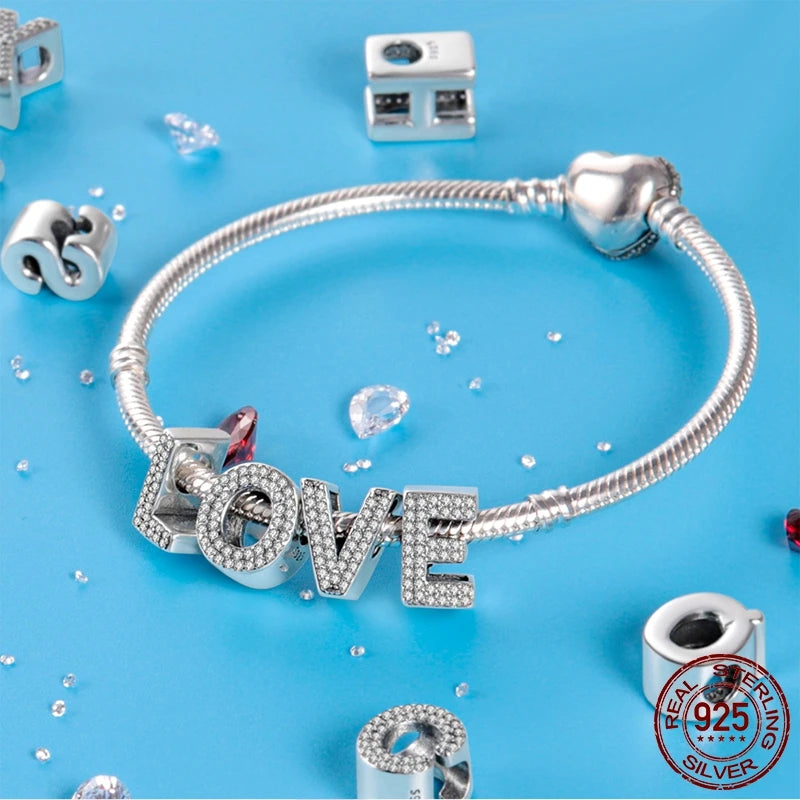 925 Sterling Silver A-Z Alphabet Letter Beads | LOVE Initial Charms | Fit Original Pandora Bracelet | CZ Zircon Jewelry