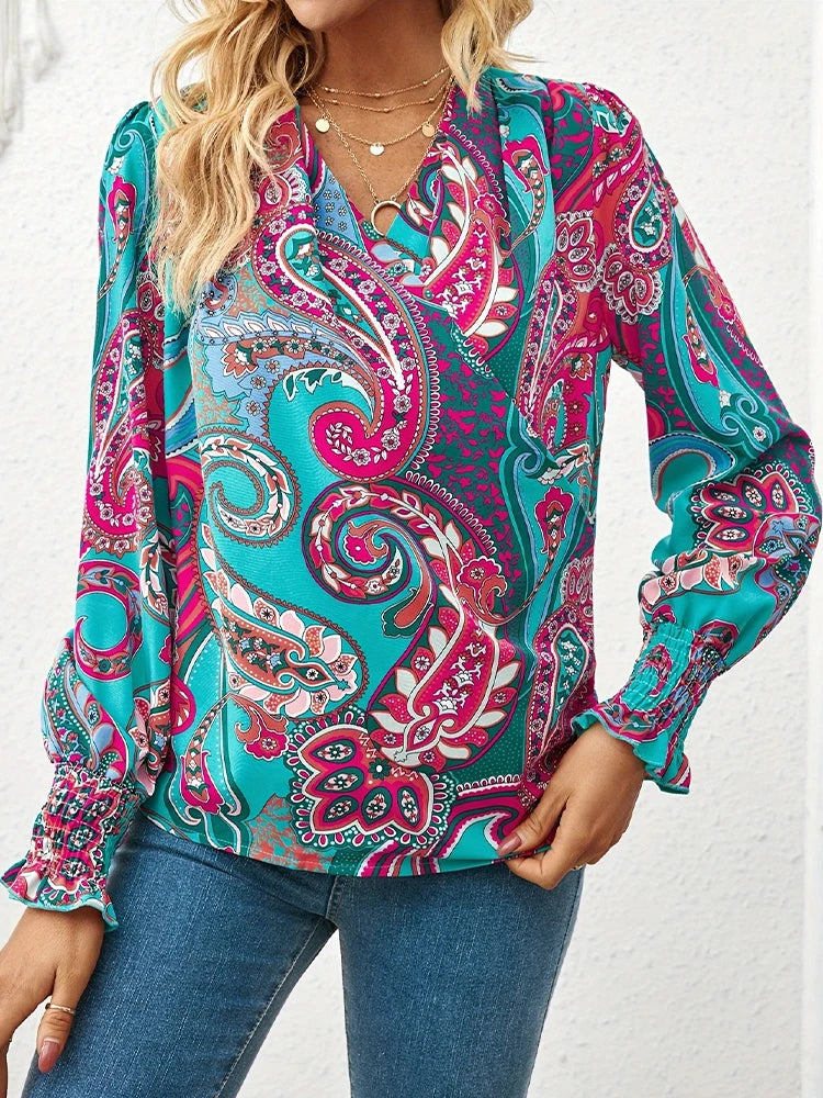 Spring Summer Women’s V-Neck Paisley Print Shirt – Pleated Sleeve Casual Fashion Top for Ladies 🌿✨