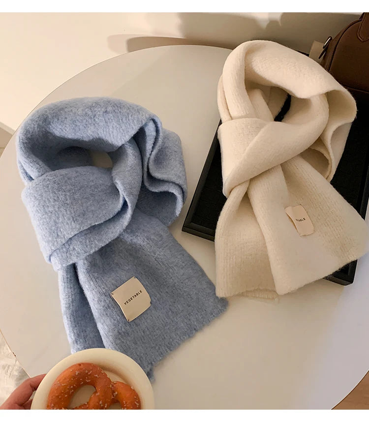 Warm Wool Blend Blue Knitted Scarf – Women’s Korean Style Winter Neck Warmer | Long Rectangle Color Scarf