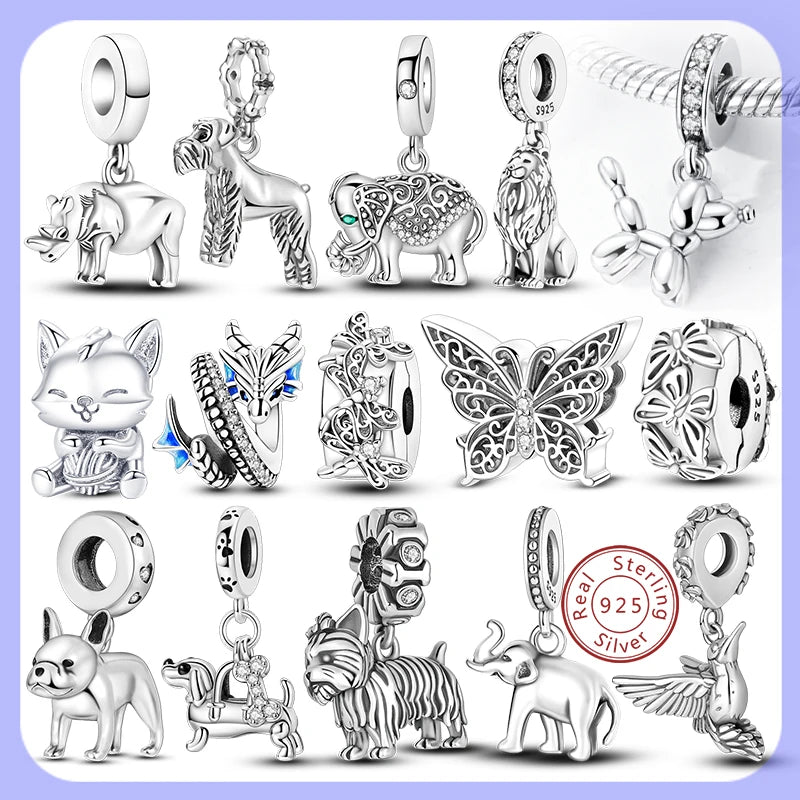 925 Sterling Silver Animal Charms – Dog, Cat, Firefly, Butterfly & Dragonfly Beads Fit Pandora Bracelet DIY Women’s Jewelry