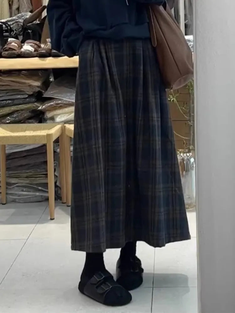 Retro Japanese Style High Waist Woolen Plaid Skirt – Women’s Autumn Winter Plus Size Mid-Length A-Line Skirt