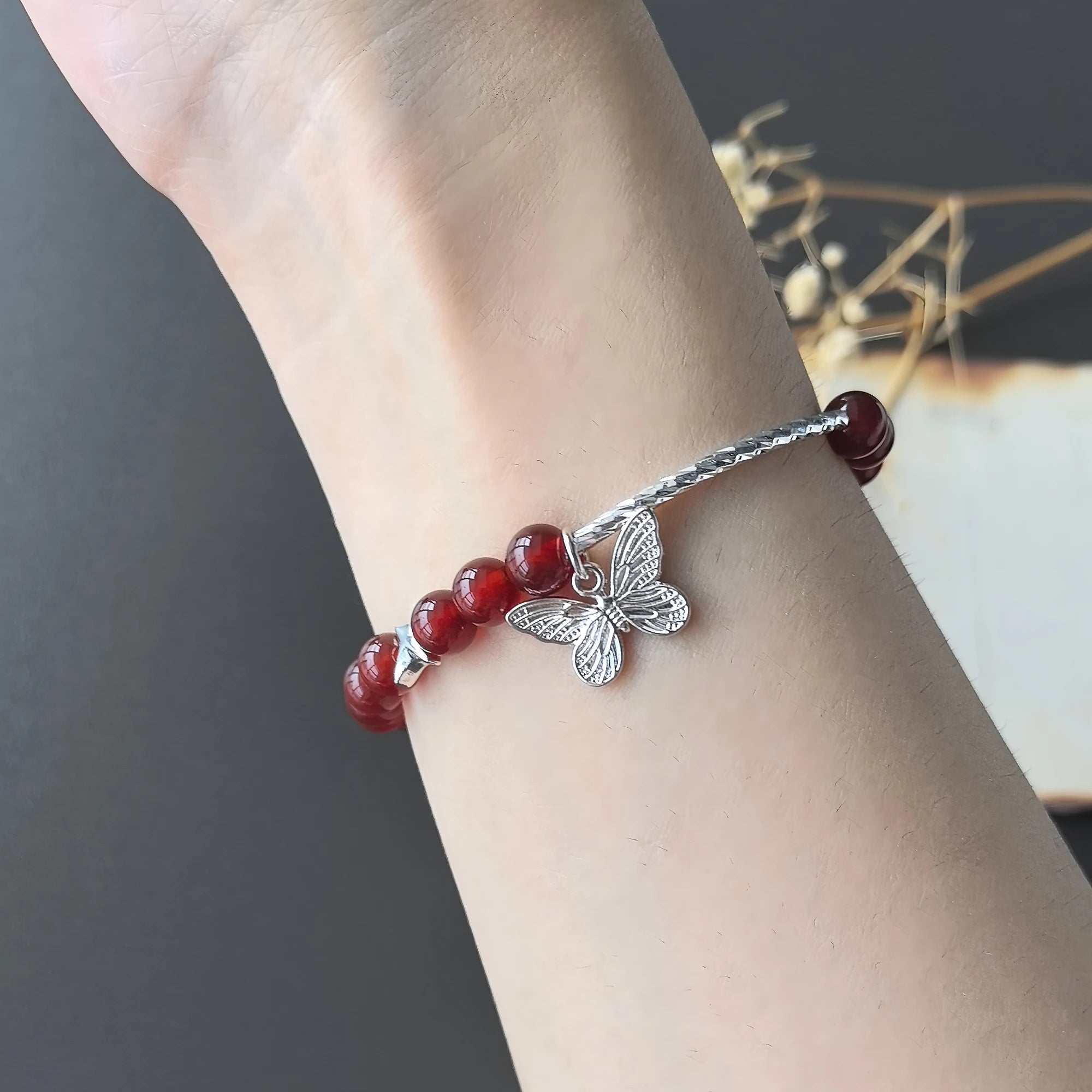 VENTFILLE 925 Sterling Silver Red Agate Bracelet | Flower Pendant Lucky Bead | Original Jewelry Gift for Women