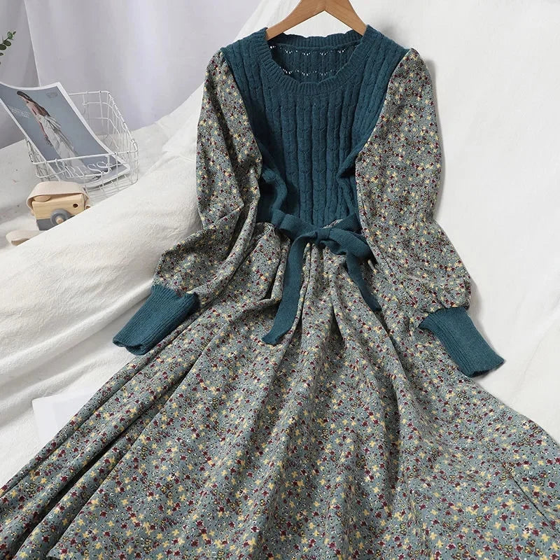 2023 Autumn Winter Korean Slimming Spliced Strap Knitted Long Dress – Corduroy Floral Fashion Dress