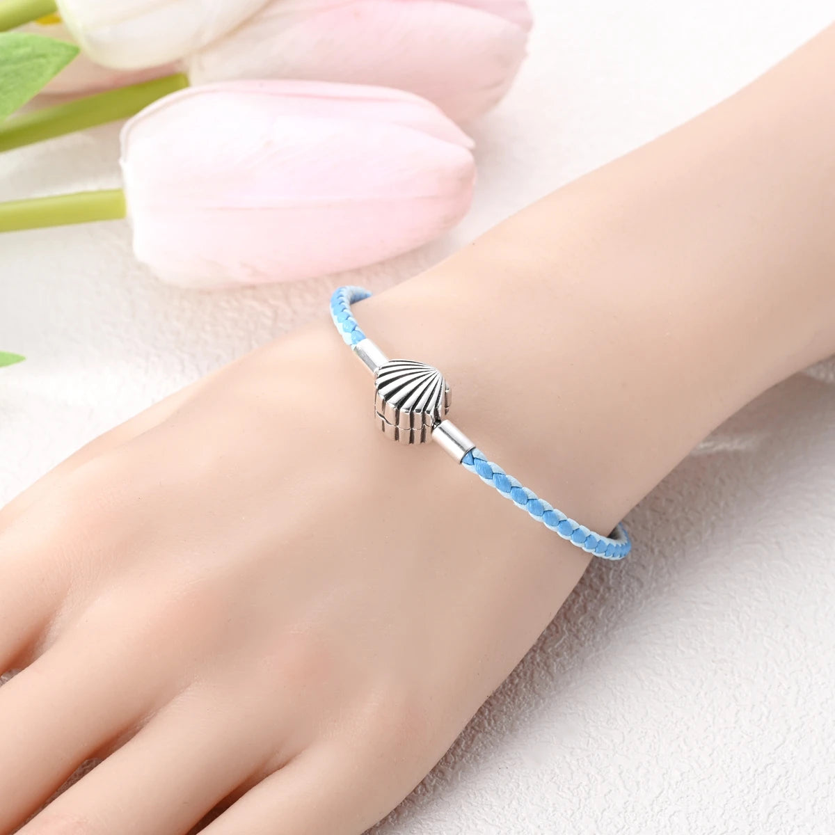 925 Sterling Silver Heart Shell Leather Rope Bracelet | Plait Design Fit Pandora Beads – Women’s Fashion Jewelry Gift