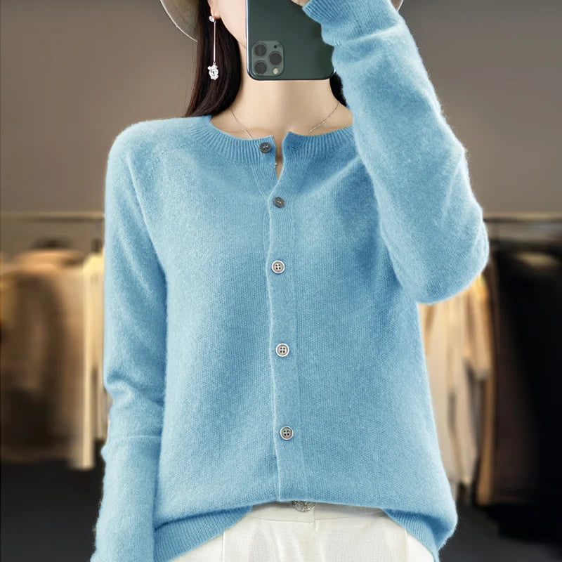 Women’s 100% Pure Wool Loose Cardigan – Autumn Winter Round Neck Solid Color Top 🍂🧶