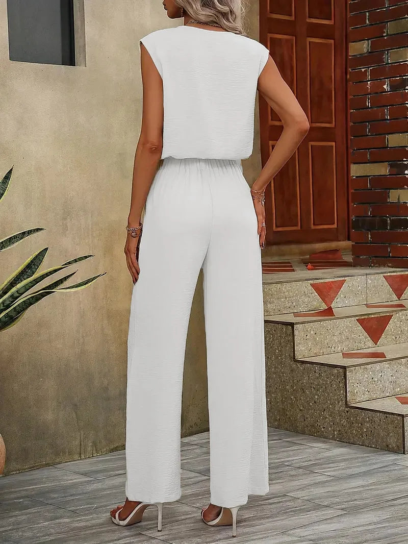 2025 Summer Women’s Casual Set – Sleeveless V-Neck Loose Top + Tie-Waist Wide-Leg Pants ☀️👚👖