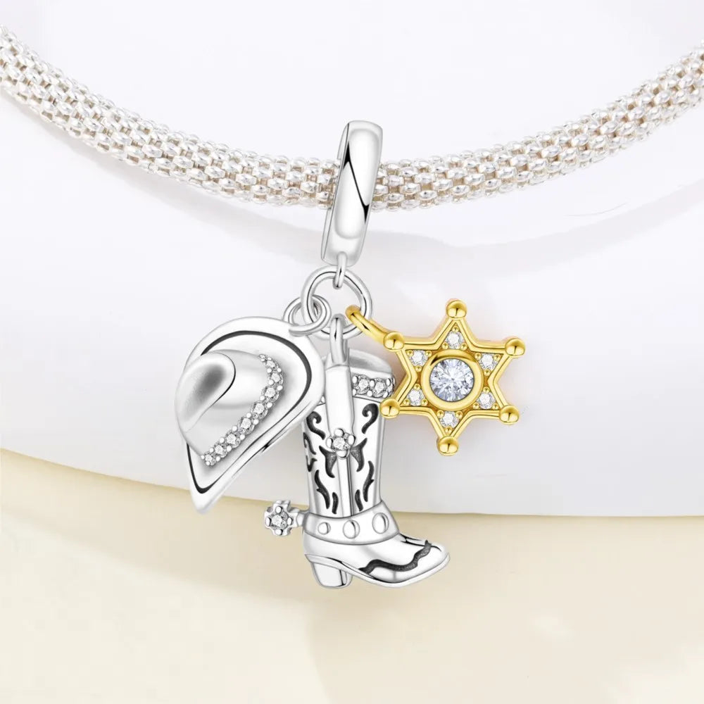 925 Sterling Silver Western Cowboy Boots Charm Bead | Hobby Series Pendant for Bracelet DIY Jewelry Gift