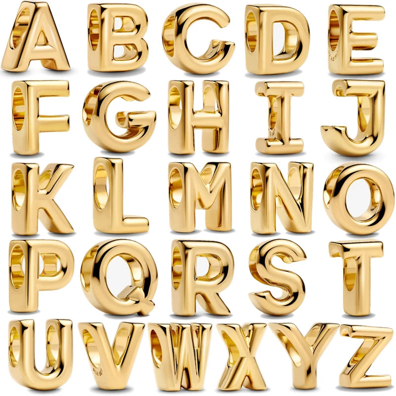 925 Sterling Silver Gold A–Z Alphabet Letter Charms | Exquisite Pendant Beads Fit Original Bracelet Women DIY Jewelry