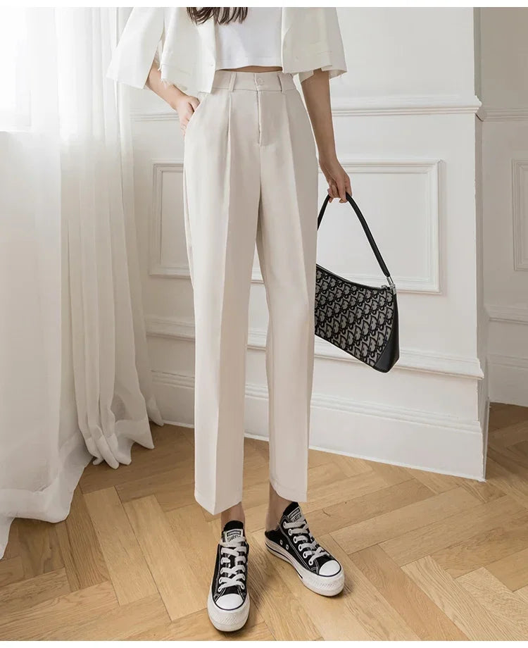 Women’s High Waist Suit Pants | Summer Black Harem Business Pants | Korean Style Pocket Thin Nine-Point Trousers