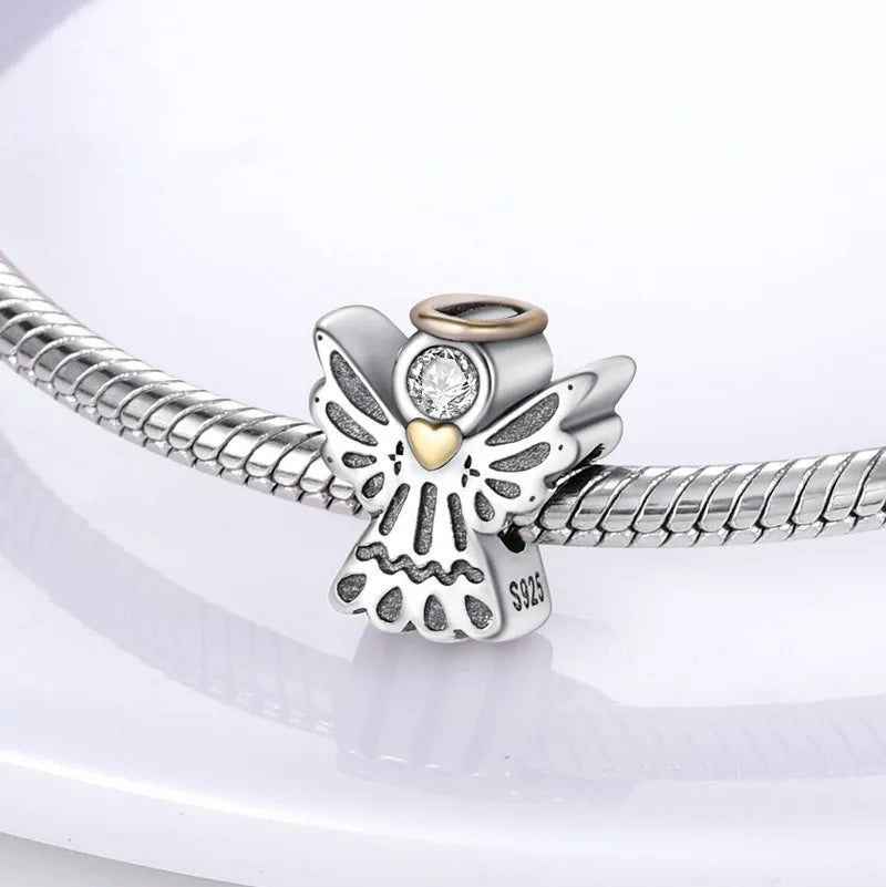S925 Silver Angel Baby Charms | Heart Shape Wings Dangle Beads Fit Bracelet & Necklace