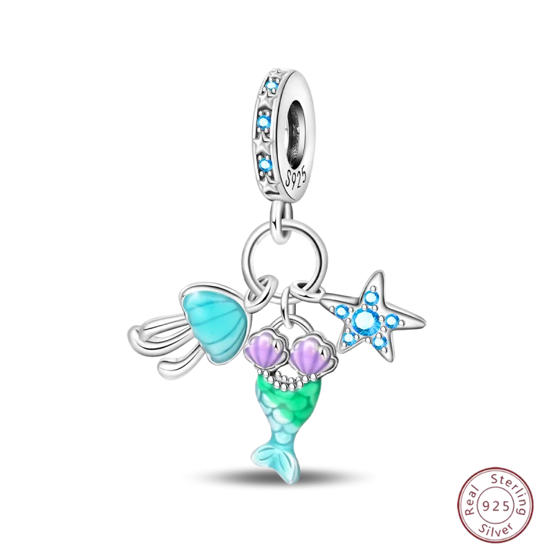 925 Sterling Silver Blue Zircon Ocean Shell Beaded Pendant | Fit Original 3mm Bracelet Women’s Fine Jewelry