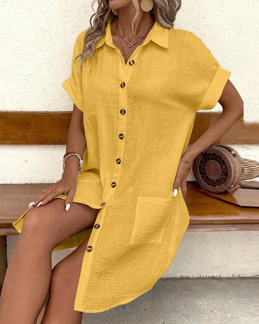 Vintage Women’s Solid Mini Dress – Summer V-Neck Three-Quarter Sleeve Cotton Linen Casual Dress